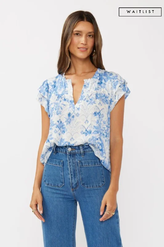 Women's Distressed Denim ShortsWaitlist 2/10 ♥ Doreen Short Ruffle Sleeve Floral Print Top Blue