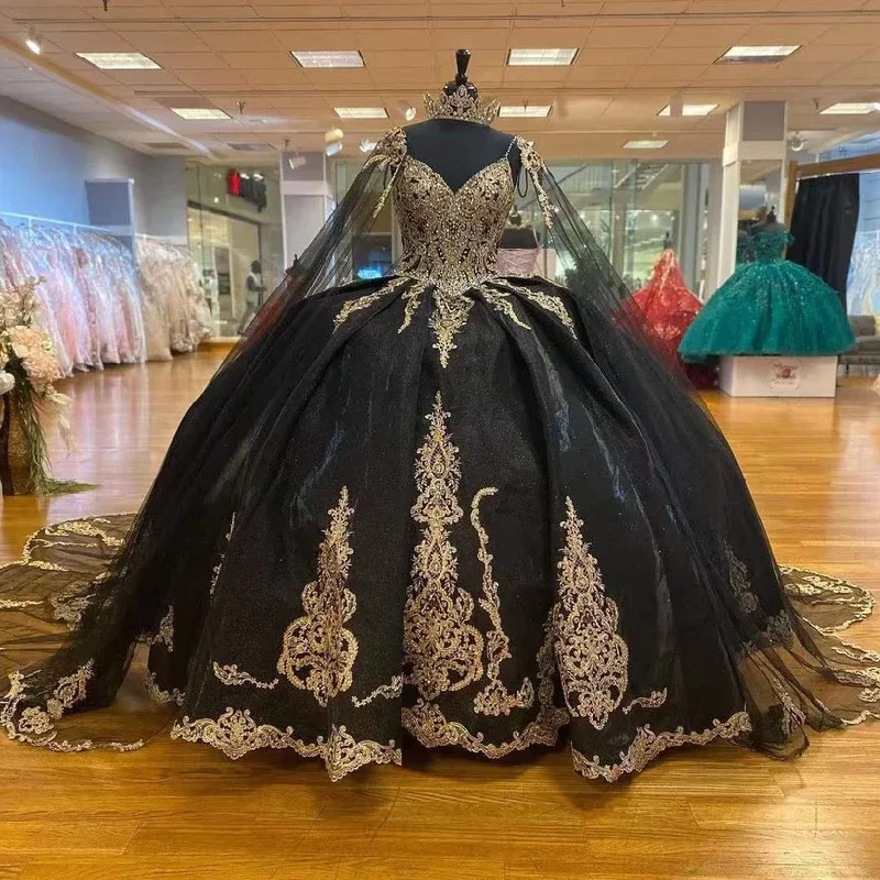 Women's Square-Back DressesGorgeous Black Quinceanera Dresses Gold Applique Ball Gown Princess Birthday Party Sweet 16 vestidos de 15 With Cape Gothic