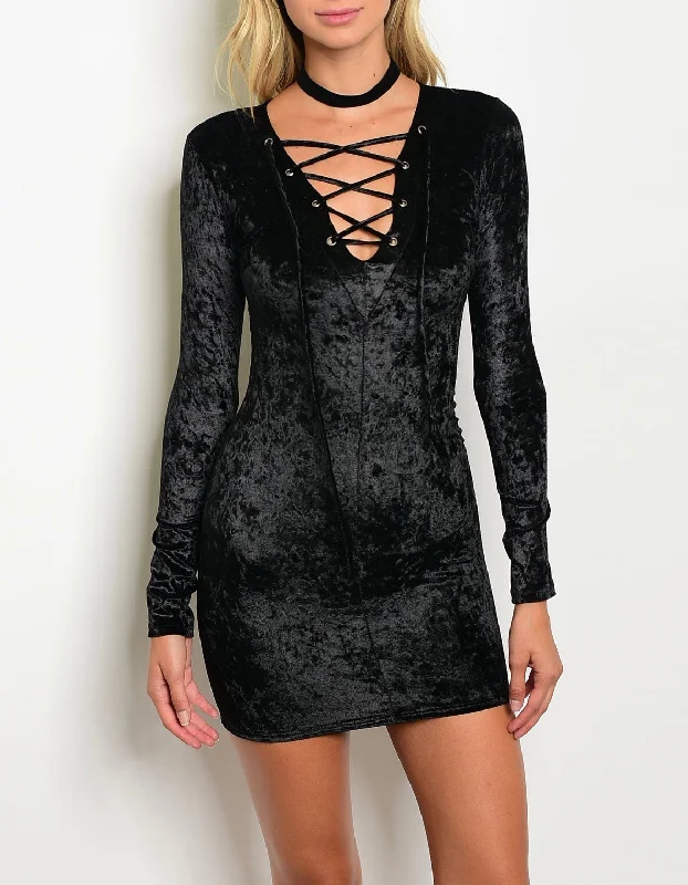 Women's Low-Neck DressesBlack Velvet Mini Dress Lace Up Long Sleeve Crushed Bodycon Sexy Small