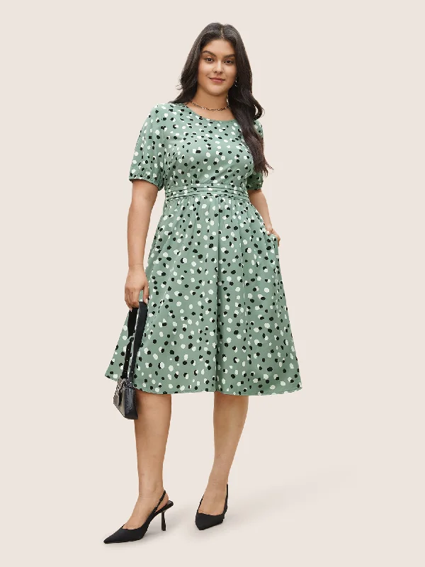 Women's U-Shaped-Neck DressesAllover Print Pleated Lantern Sleeve Dress