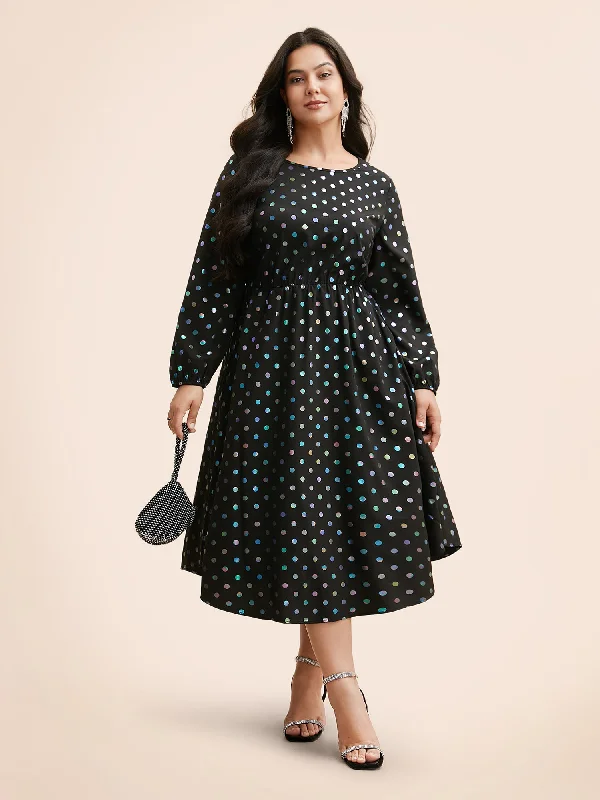 Women's Pleated DressesGlitter Polka Dot Lantern Sleeve Dress