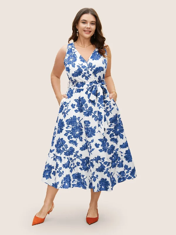 Women's Lapel Collar DressesOverlap Collar Floral Sleeveless Belted Dress