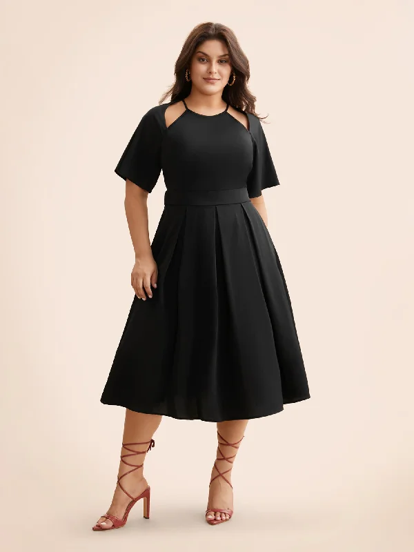 Women's Low Collar DressesPlain Shirred Cut Out Pleated Dress