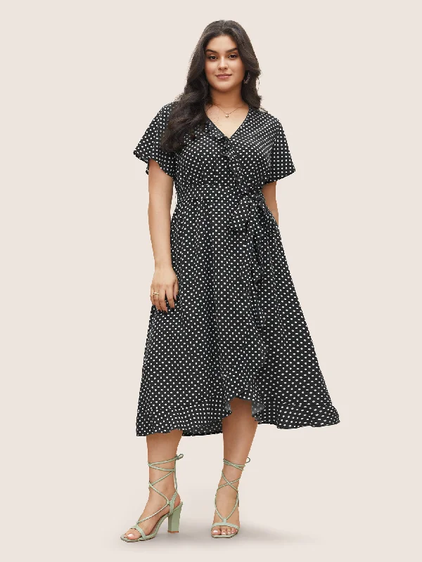 Women's Lapel Collar DressesPolka Dot Flutter Trim Belted Overlap Collar Dress