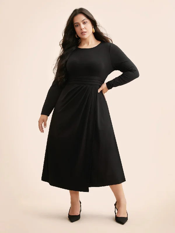 Women's Shawl Collar DressesRound Neck Pleated Slim Fit Knit Dress