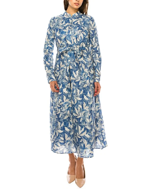 Women's Short-Sleeve DressesYAL New York Belted Leaf Print Linen Dress