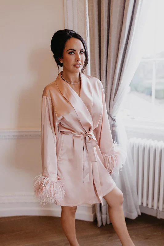 women's pajamas for everyday loungingShort Blush Pink Luxe Satin Feather Robe