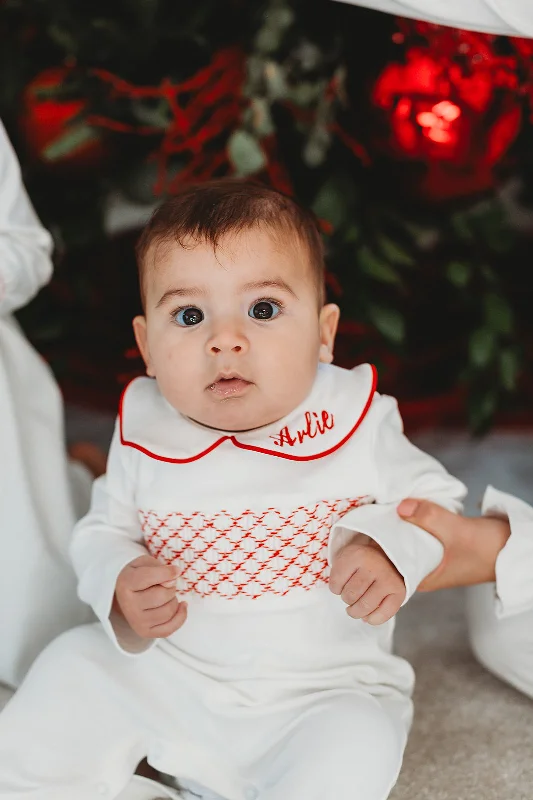 women's pajamas with cozy footiesBoys Hand Smocked Cotton Personalised Babygrow - White & Red