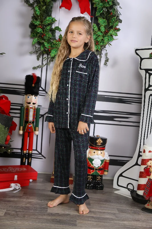 women's pajamas for a relaxing weekendGirls Personalised Navy Tartan Luxury Jersey Pants set