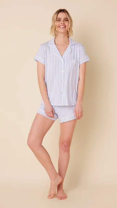 women's pajamas designed for those who believe in sweet dreams and cozy nights.Heritage Stripe Pima Knit Short Set - Blue