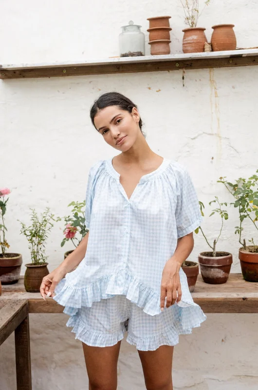 women's pajamas in bold patternsSophie Sleep Set - Cotton - Gingham Pale Blue