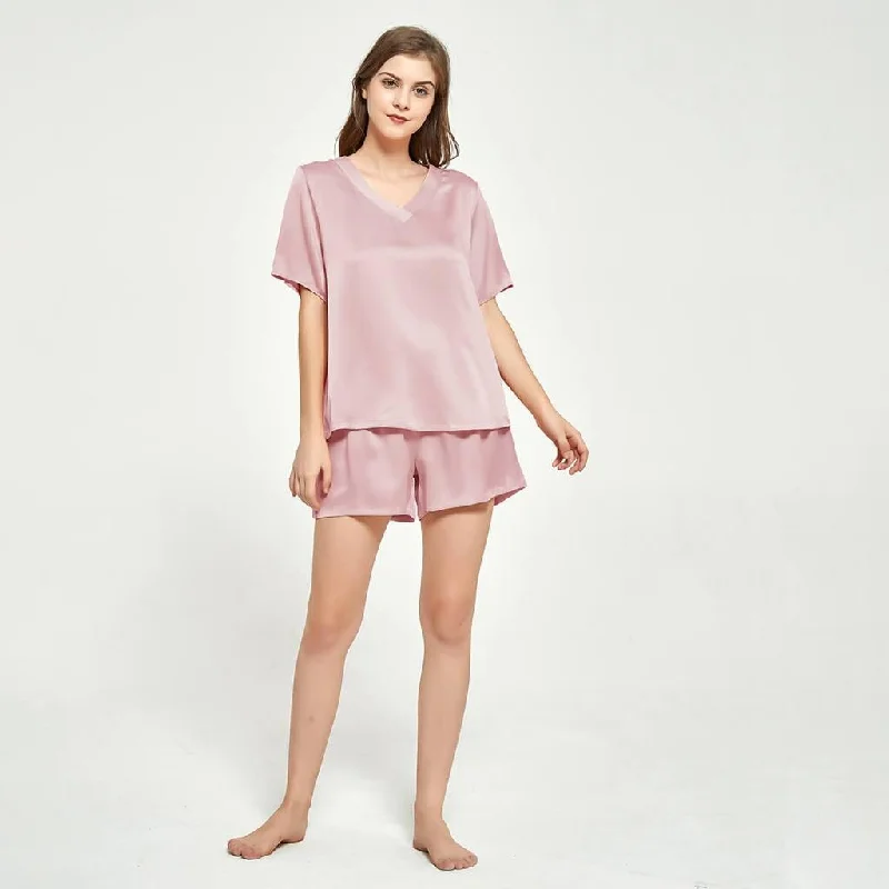 women's pajamas for those who love comfortV-neck Short Sleeved Silk T-shirt Short Pajama Set for Women silk pajamas nightwear